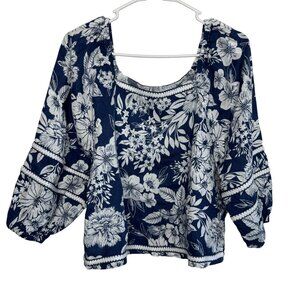 C&C California Linen Navy/White Floral Square neck Puff Sleeve Boxy Top Women L